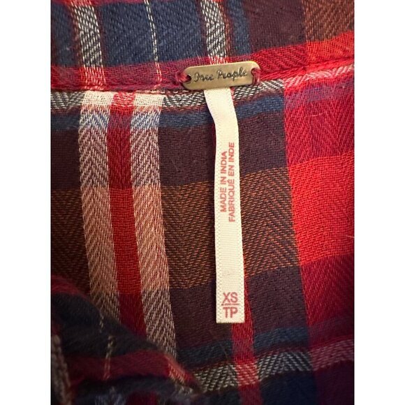 Free People XS Red/Blue Plaid Button-Up Shirt With Embroidery - Picture 2 of 5